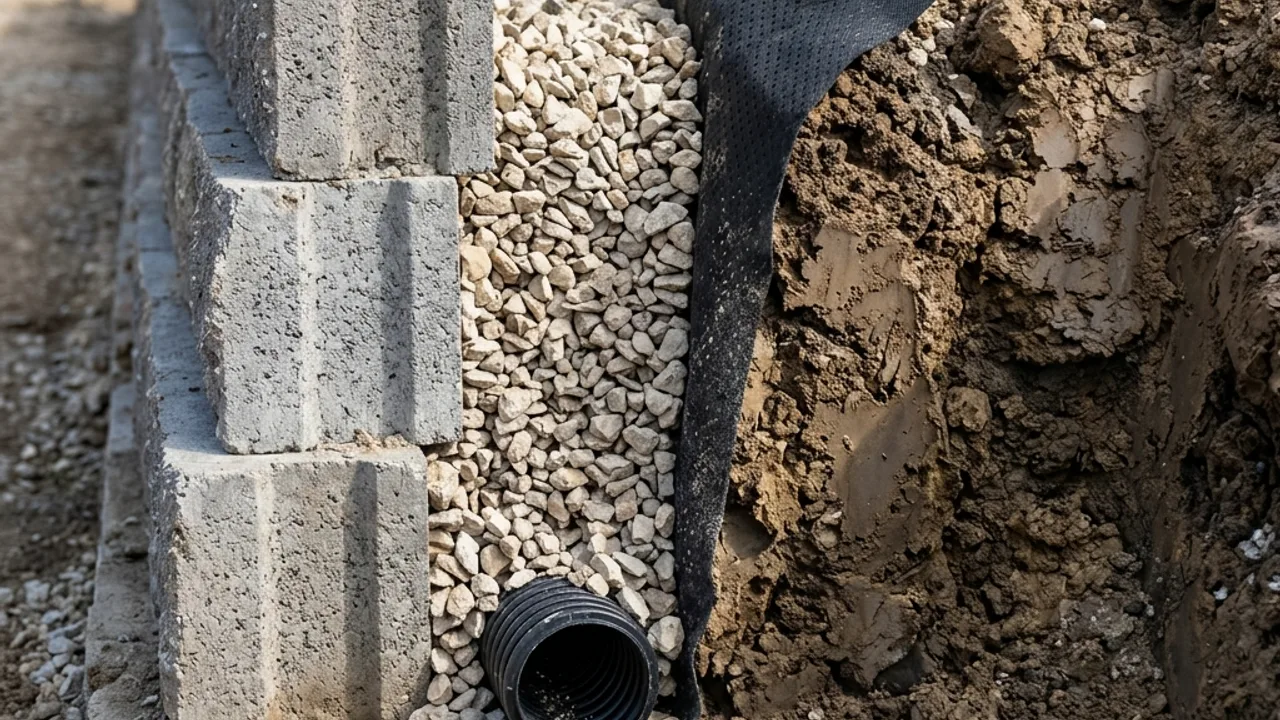 Ag-drain and gravel drainage being installed behind a concrete sleeper retaining wall on a sloping Toowoomba block
