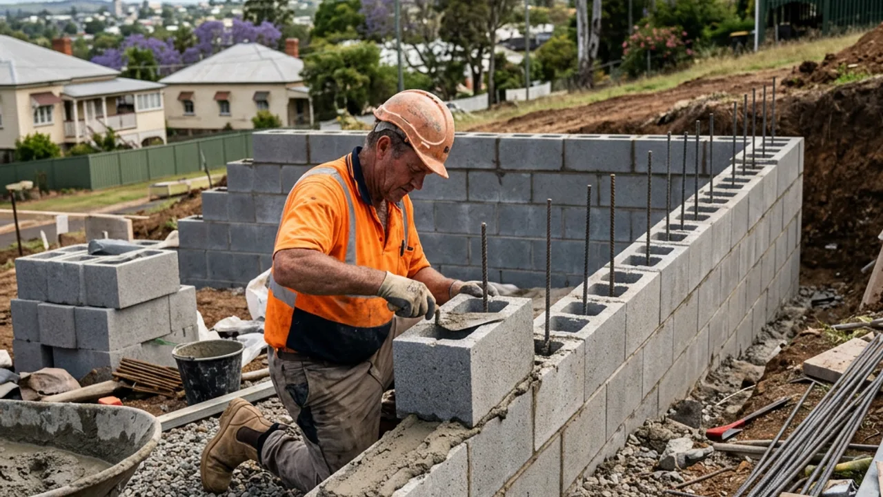 Core-filled besser block retaining wall with steel reinforcement on a Toowoomba site