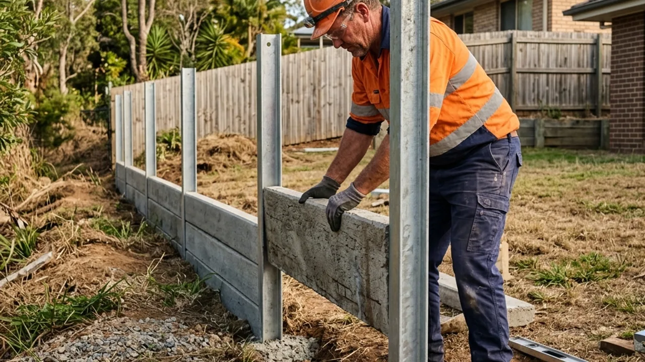 Concrete sleeper retaining wall slotted between galvanised steel posts on a Toowoomba block