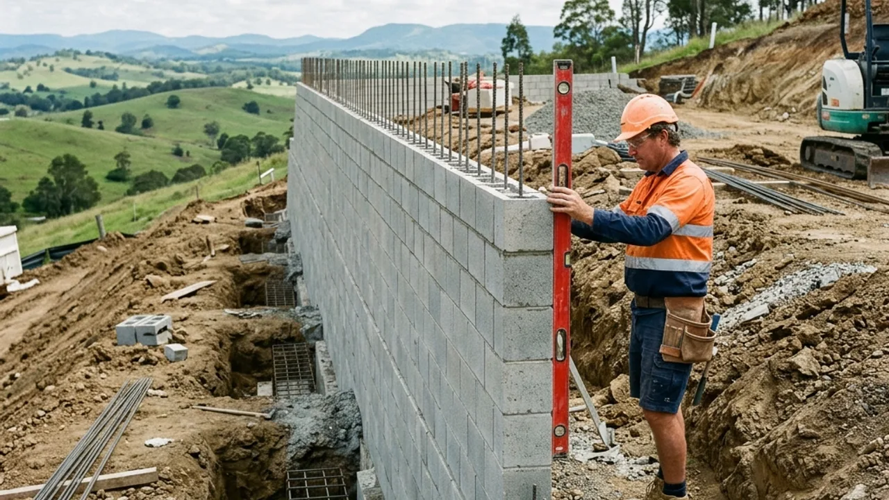 Engineered council-approved retaining wall under construction to AS 4678 on a Toowoomba block