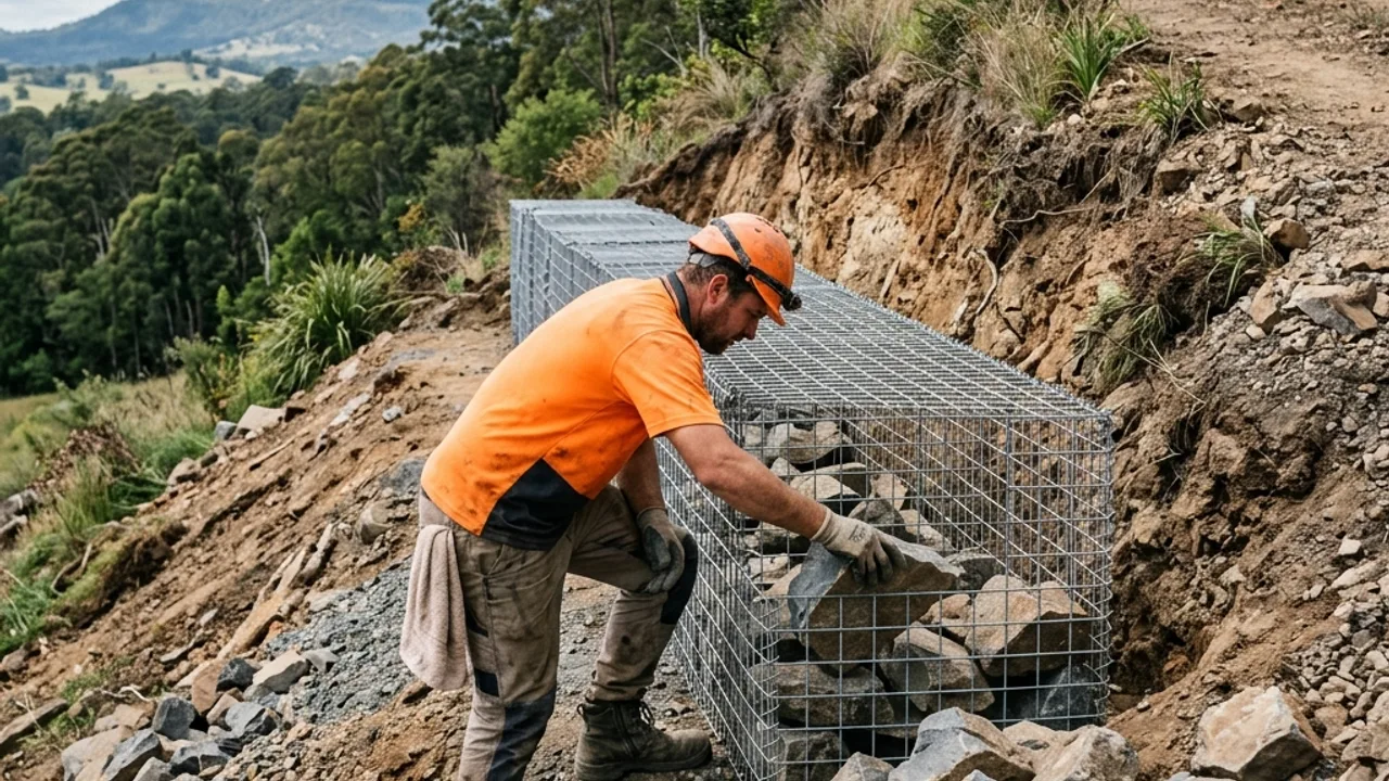 Rock-filled gabion basket retaining wall on a sloping erosion-prone Toowoomba site