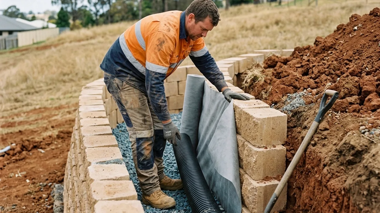 Agi pipe and gravel drainage detail being laid behind a Toowoomba retaining wall during the build