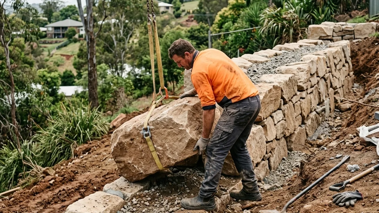 Natural sandstone boulder retaining wall battered back on a sloping Toowoomba block