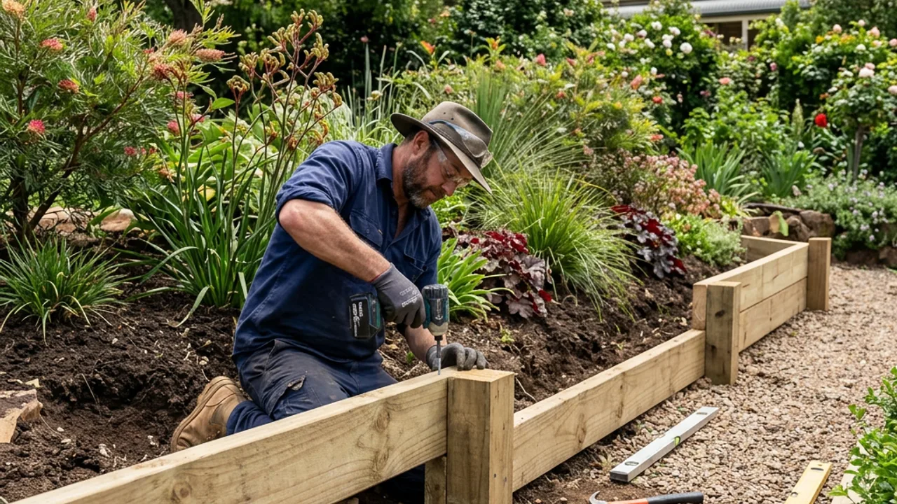 Timber sleeper retaining wall forming a terraced garden bed on a Toowoomba property
