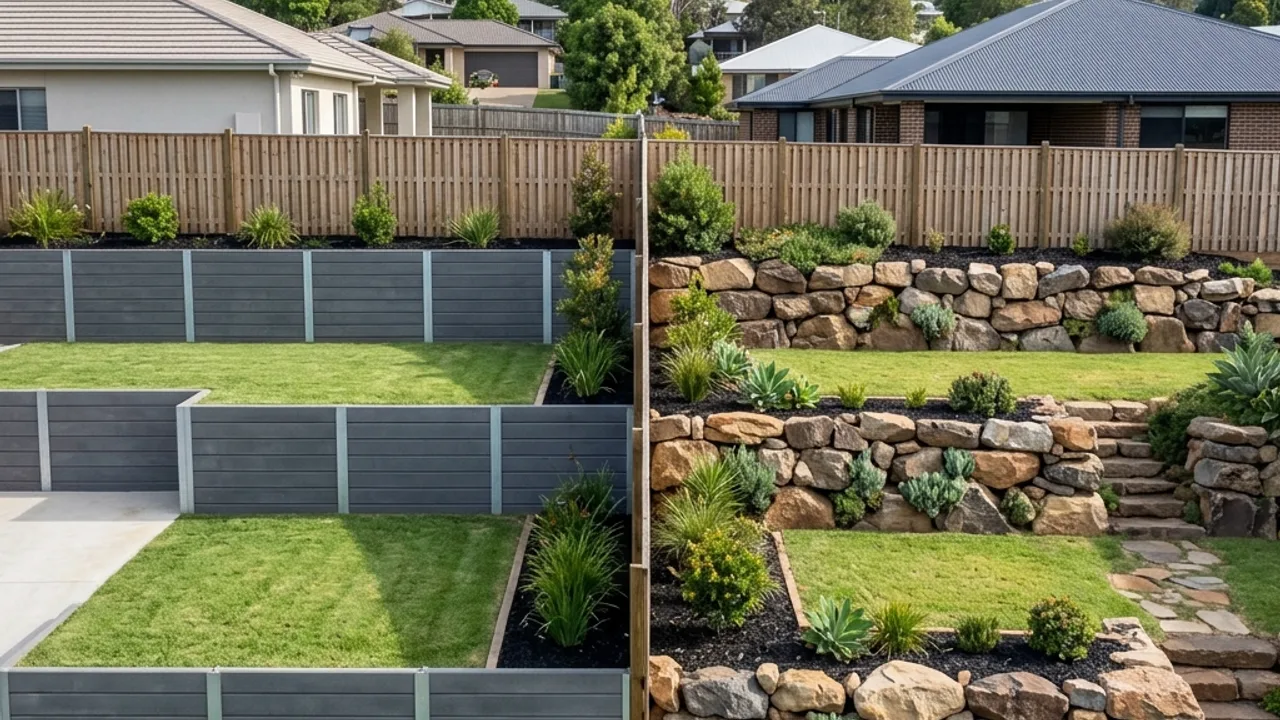 Timber sleeper terraced garden wall on a Toowoomba property